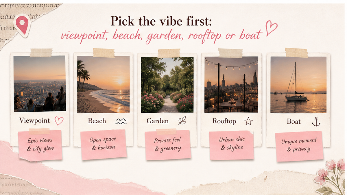 Comparison cards for Barcelona proposal vibes: viewpoint, beach, garden, rooftop, boat
