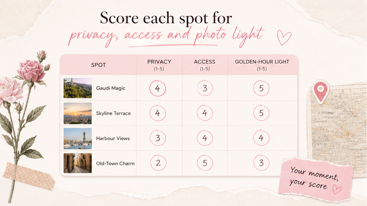 Privacy and light scorecard: Score each spot for privacy, access and photo light