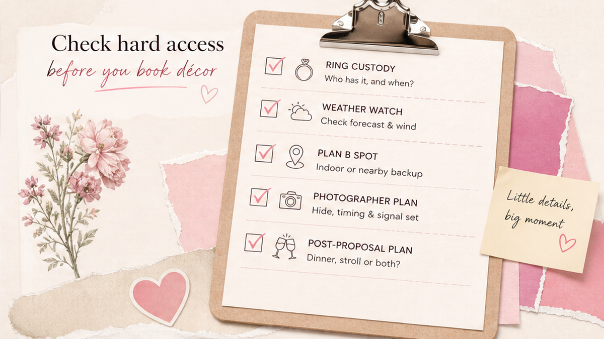 Proposal checklist board: Check hard access before you book décor