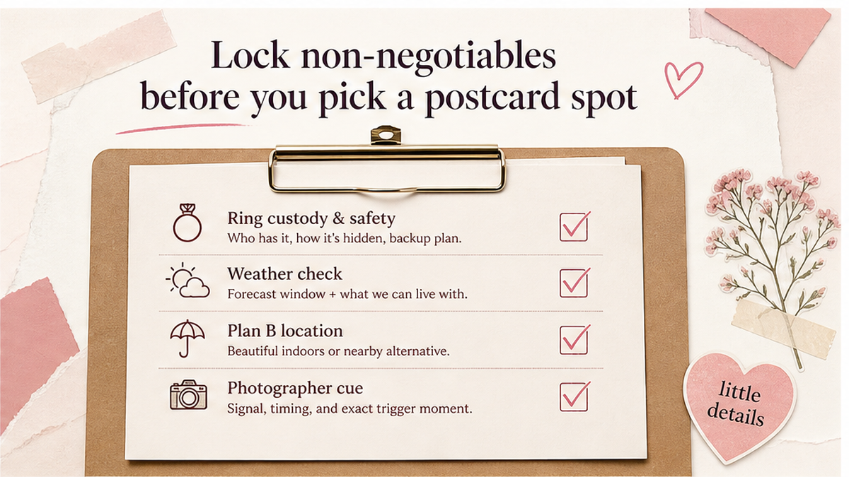 Proposal checklist board: Lock non-negotiables before you pick a postcard spot