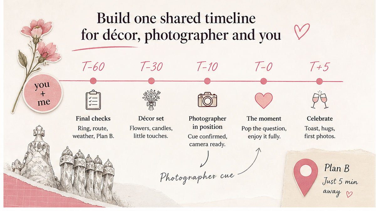 Proposal day timeline: Build one shared timeline for décor, photographer and you