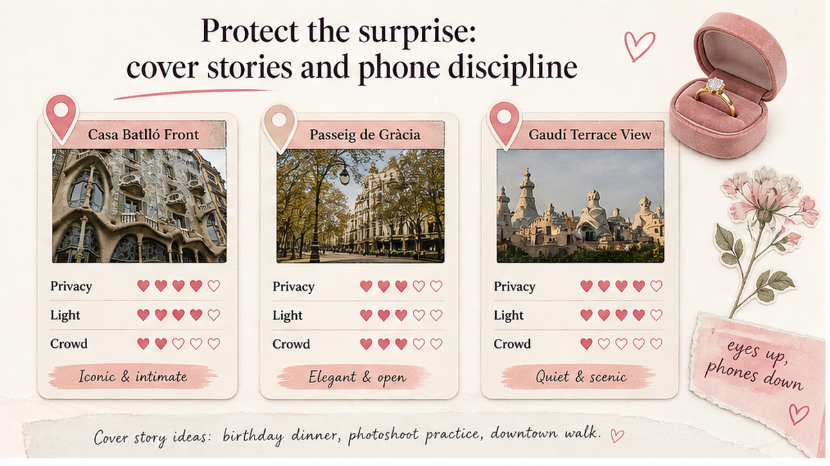 Proposal spot comparison card: Protect the surprise: cover stories and phone discipline