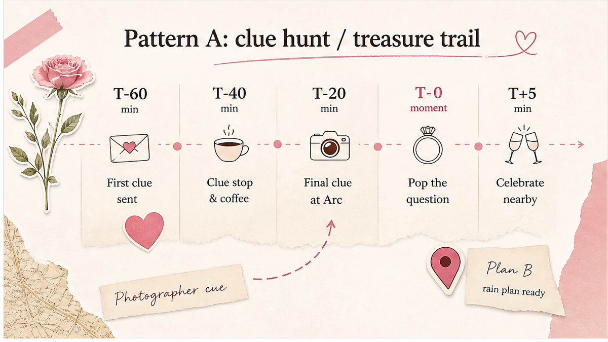 Proposal day timeline: Pattern A: clue hunt / treasure trail