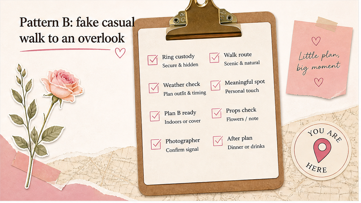 Proposal checklist board: Pattern B: fake casual walk to an overlook