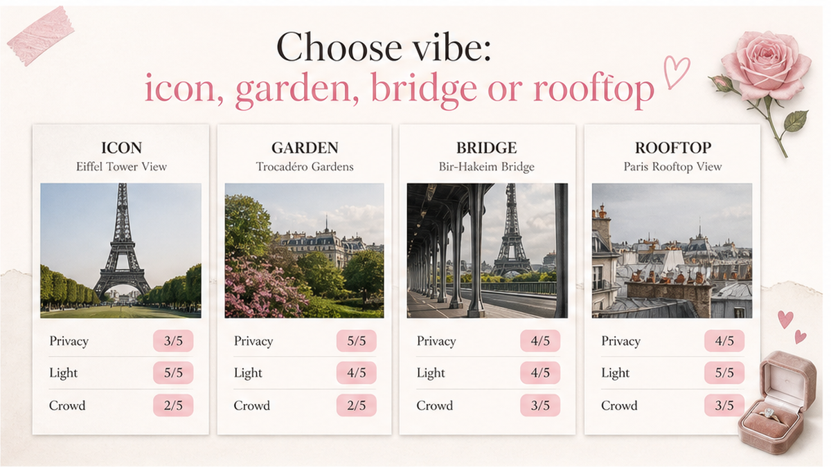 Proposal spot comparison card: Choose vibe: icon, garden, bridge or rooftop