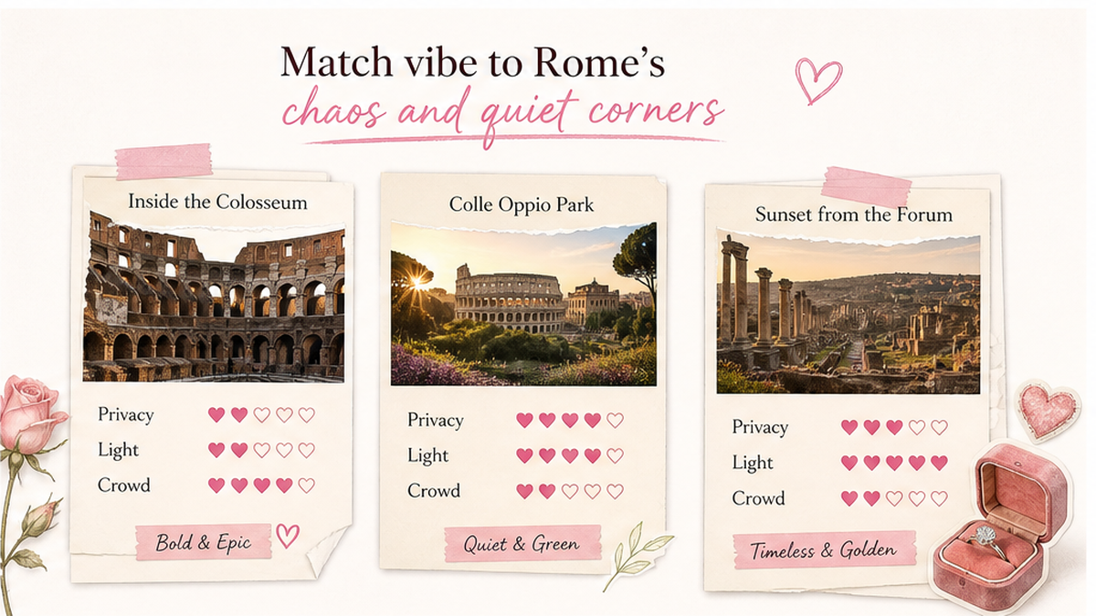 Proposal spot comparison card: Match vibe to Rome's chaos and quiet corners