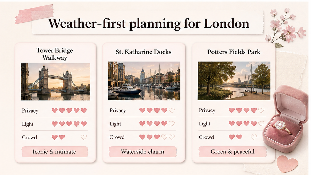 Proposal spot comparison card: Weather-first planning for London