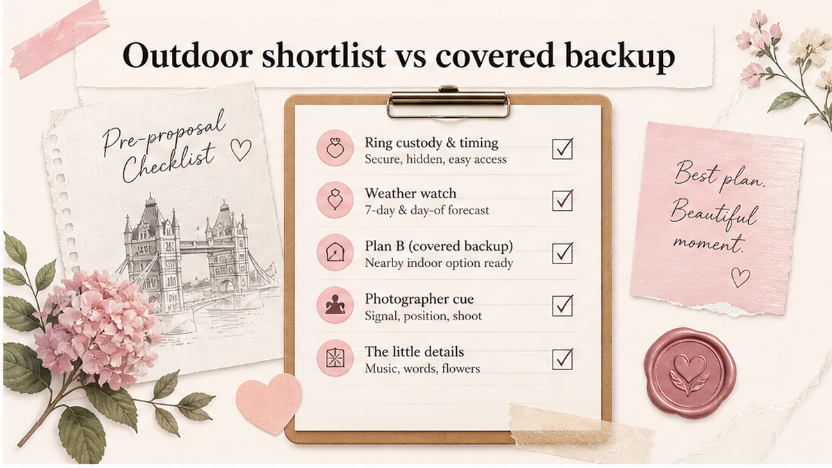 Proposal checklist board: Outdoor shortlist vs covered backup