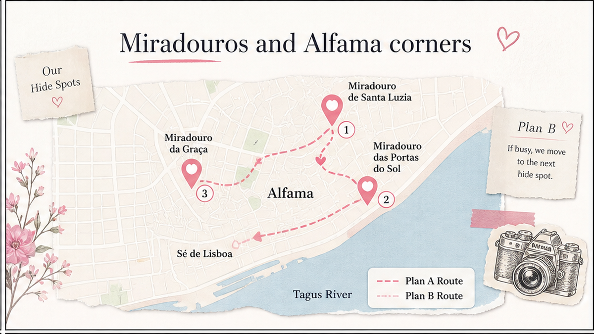 Map pin hide-point board: Miradouros and Alfama corners