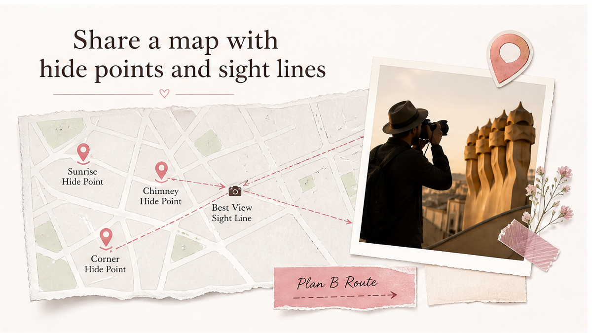 Map pin hide-point board: Share a map with hide points and sight lines