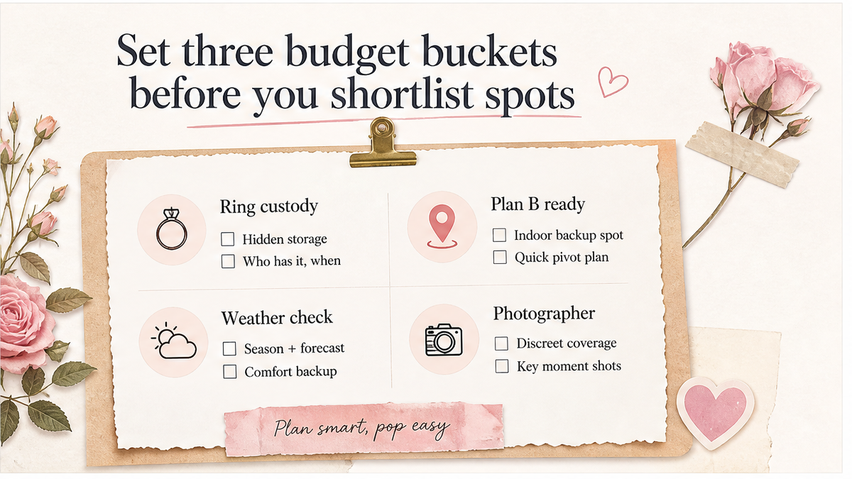 Proposal checklist board: Set three budget buckets before you shortlist spots