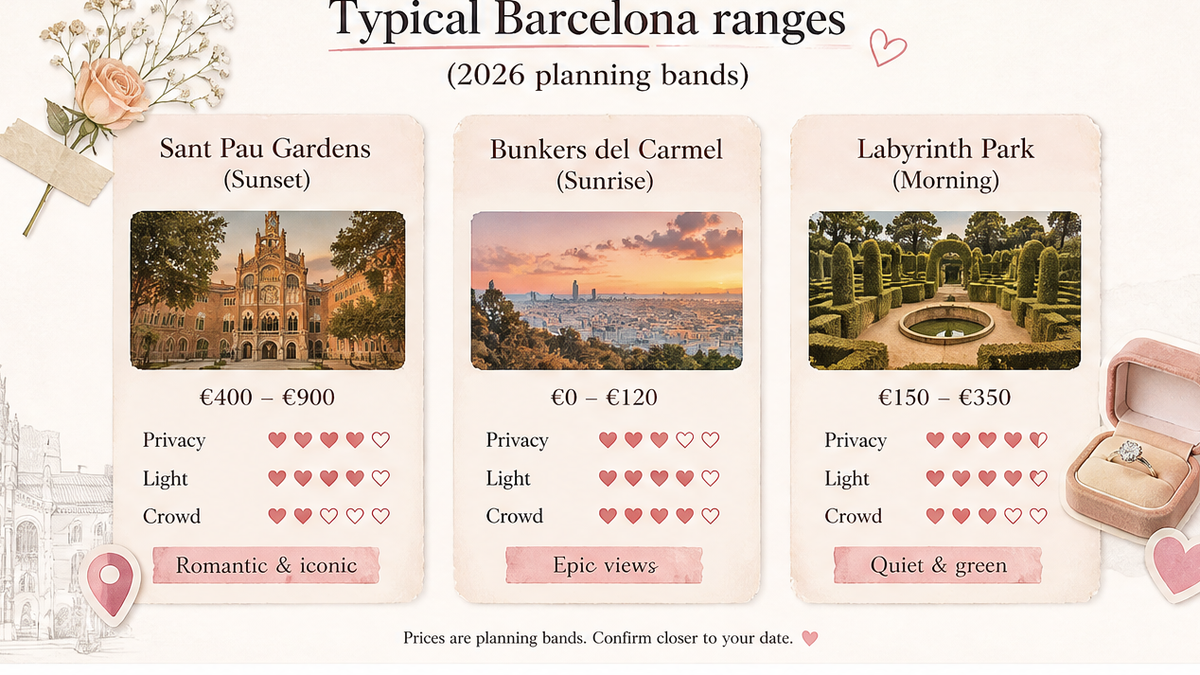 Proposal spot comparison card: Typical Barcelona ranges (2026 planning bands)
