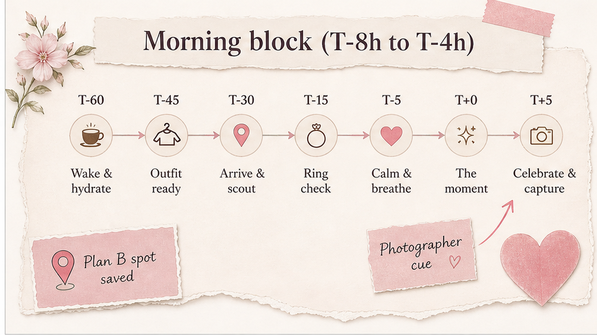 Proposal day timeline: Morning block (T-8h to T-4h)