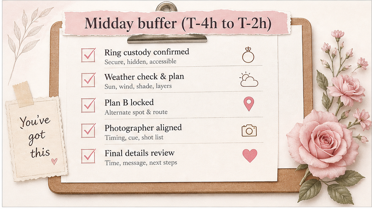 Proposal checklist board: Midday buffer (T-4h to T-2h)