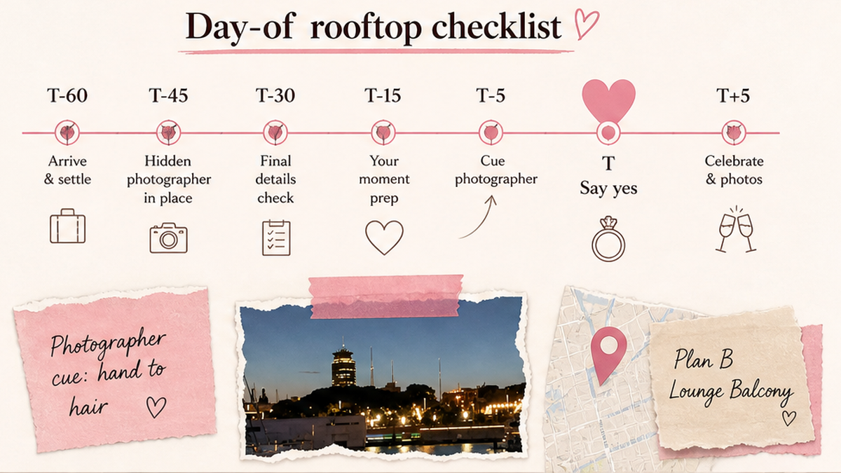 Proposal day timeline: Day-of rooftop checklist