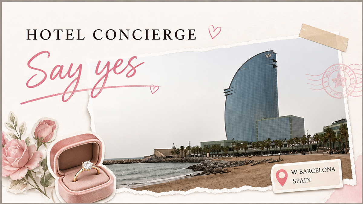 Hotel desk notes and a quiet lobby corner for a Barcelona proposal handoff