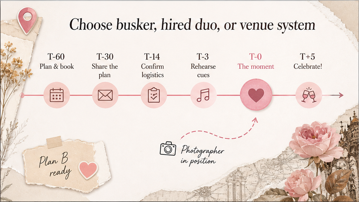 Proposal day timeline: Choose busker, hired duo, or venue system