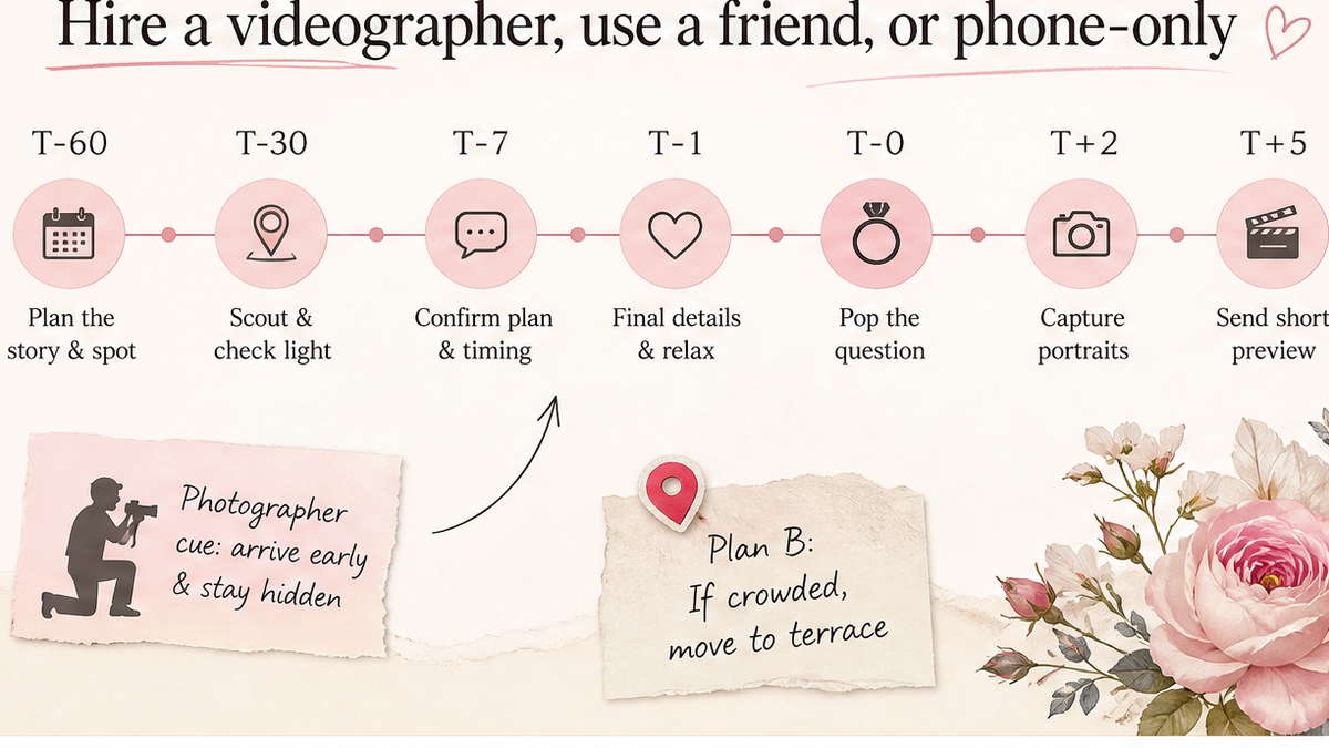 Proposal day timeline: Hire a videographer, use a friend, or phone-only