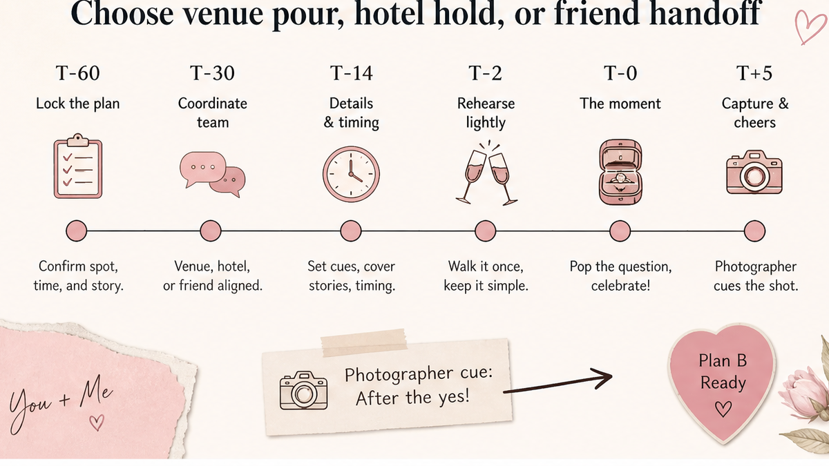 Proposal day timeline: Choose venue pour, hotel hold, or friend handoff