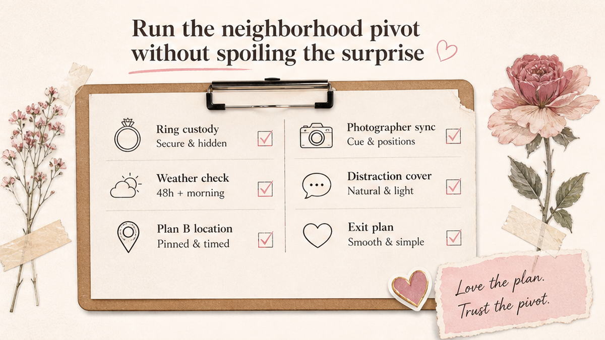 Proposal checklist board: Run the neighborhood pivot without spoiling the surprise