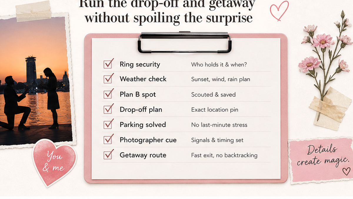 Proposal checklist board: Run the drop-off and getaway without spoiling the surprise