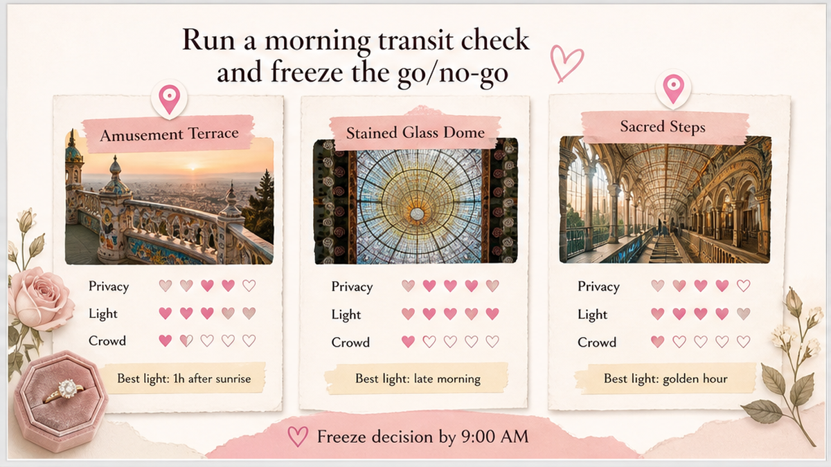 Proposal spot comparison card: Run a morning transit check and freeze the go/no-go